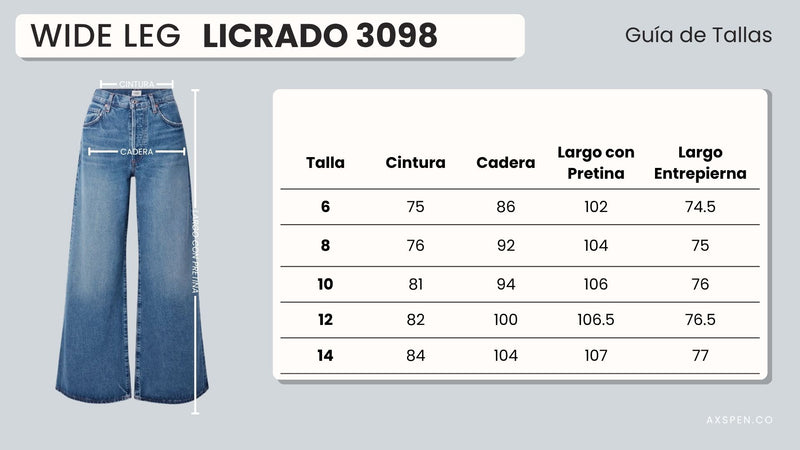 Tabla de tallajes para Jean Wide Leg Ax-3098 Licrado