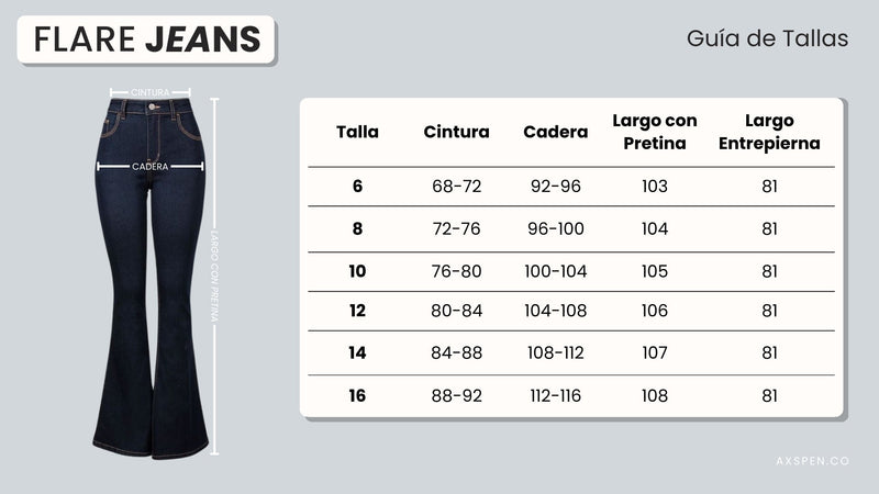 Tabla de tallajes para Jean Axspen Flare Ax-3065 LIcrado