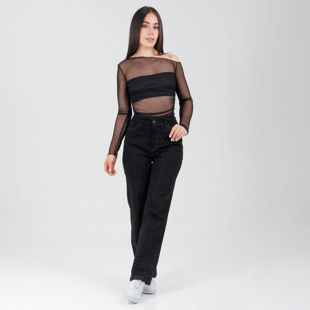 Jean Axspen Mom Fit Brillos Ox-2899 Negro