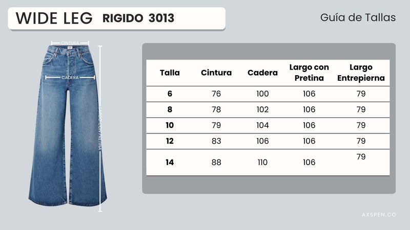 Tabla de tallajes para Jean Wide Leg Camel Ax-3013 Rigido