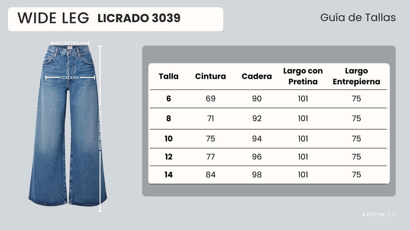 Tabla de tallajes para Jean wide leg Ax-3039 Licrado