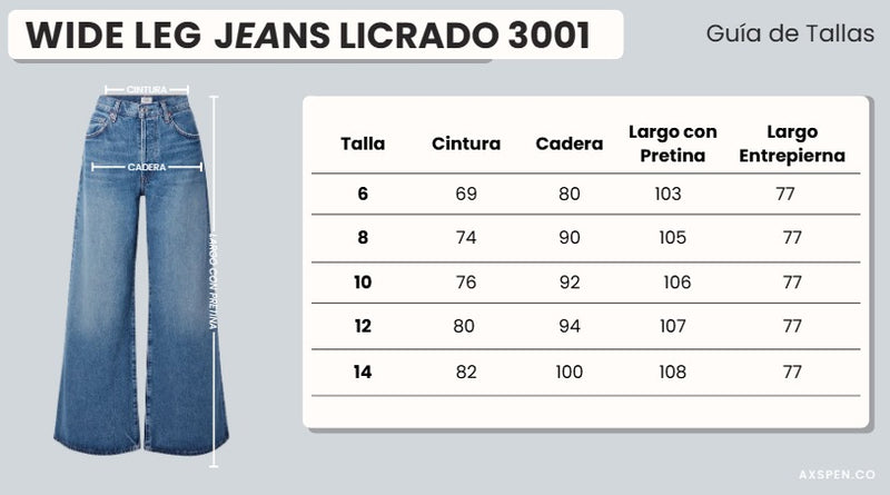 Tabla de tallajes para Jean wide leg Ax-3001 LIcrado