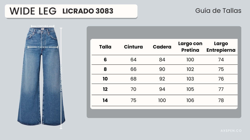Tabla de tallajes para Pantalón Wide Leg Azul Ax-3083 licrado