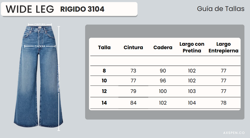 Tabla de tallajes para Jean Wide Leg Rosa Ax-3104 Rigido