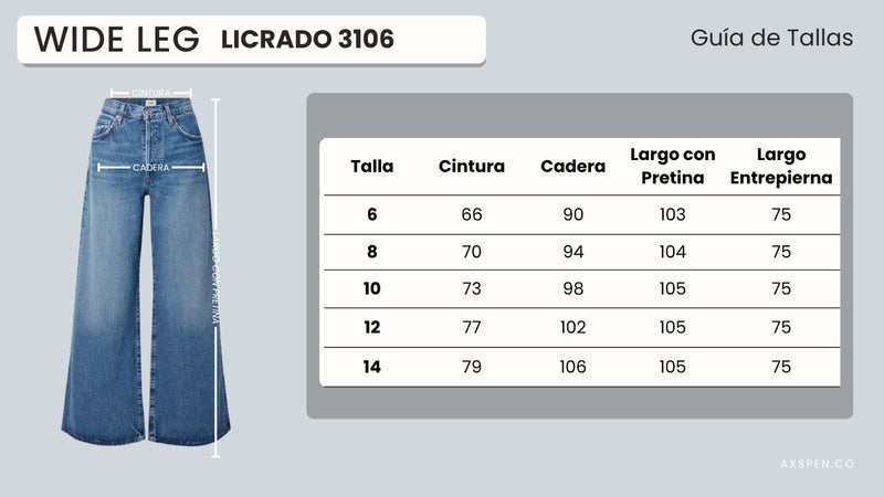 Tabla de tallajes para Pantalón Wide Leg Ax-3106 Negro Licrado