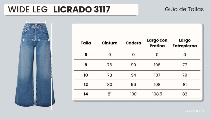 Tabla de tallajes para Jean Wide Leg Ax-3117 LIcrado
