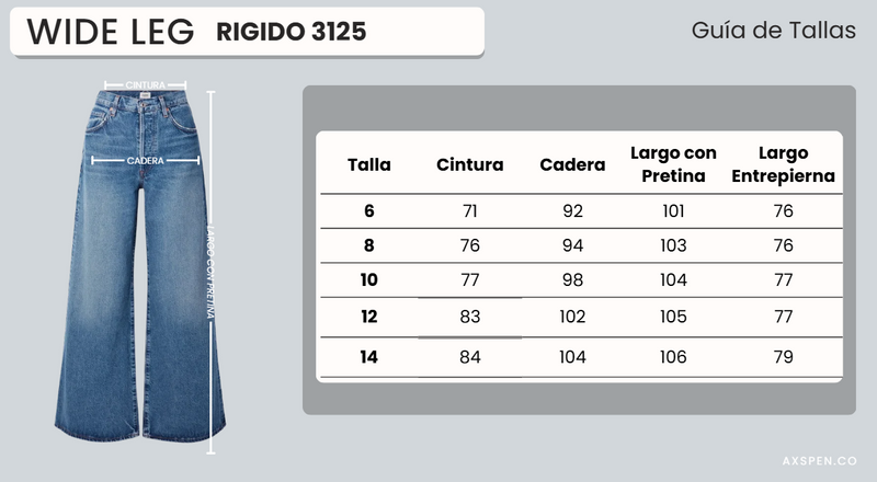 Tabla de tallajes para Jean wide Leg Ax-3125 Rigido