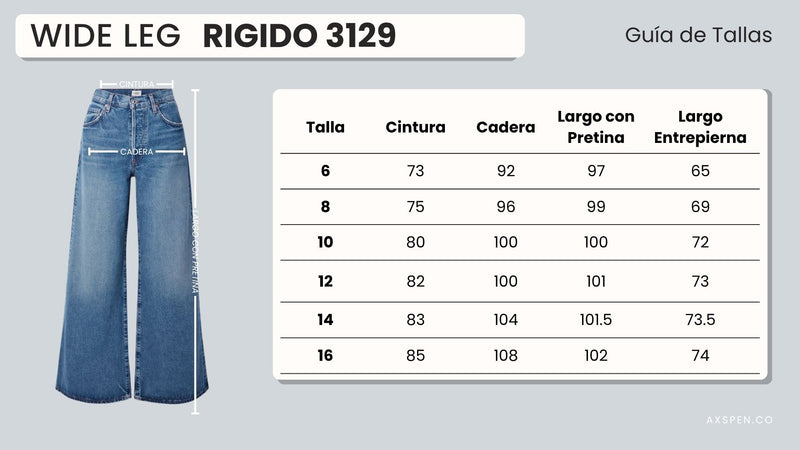 Tabla de tallajes para Jean Wide Leg Rosa Ax-3129 Rigido Premium