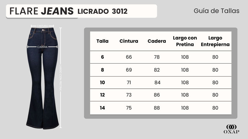 Tabla de tallajes para Jean Axspen Flare Ax-3012 Licrado
