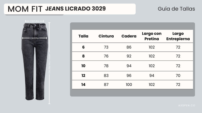 Tabla de tallajes para Jean Axspen Mom Fit Ax-3029 Licrado
