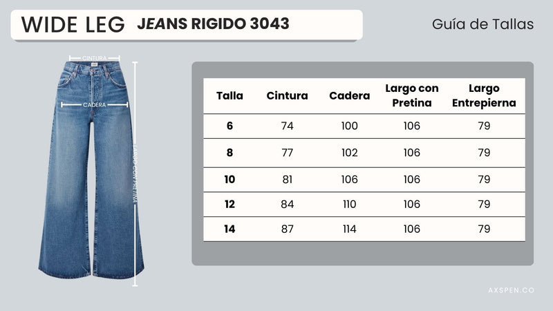 Tabla de tallajes para Jean Wide Leg Ax-3043 Cafe Rigido