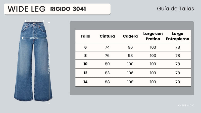 Tabla de tallajes para Jean Axspen Wide Leg  Ax-3041 HORMA REDUCIDA