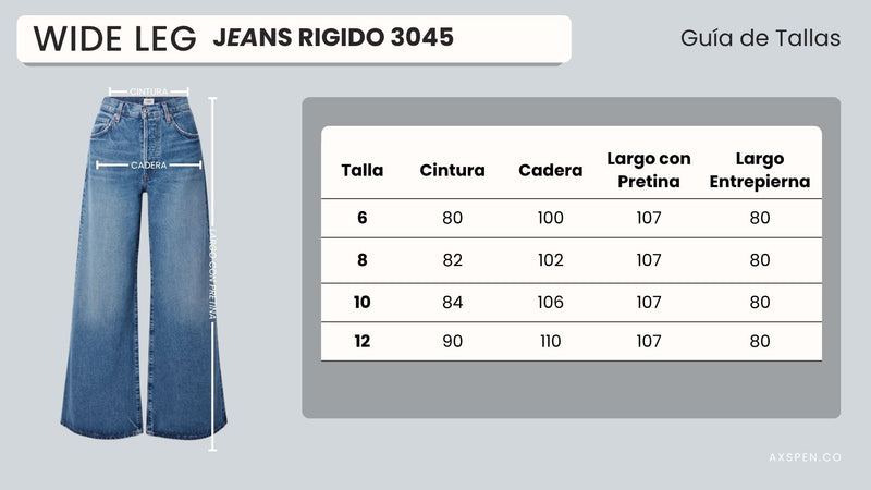 Tabla de tallajes para Jean Wide Leg Ax-3045  Rigido