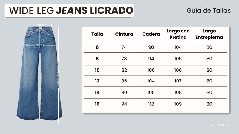 Tabla de tallajes para Jean wide leg Ax-3001 LIcrado